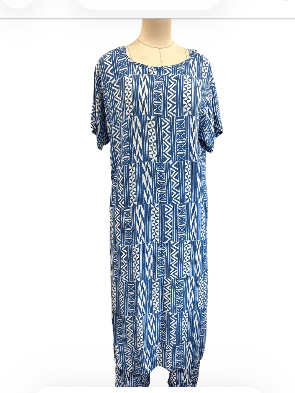 Vtg Noa Noa Hawaii batiked tunic dress and pant set blue and white size medium